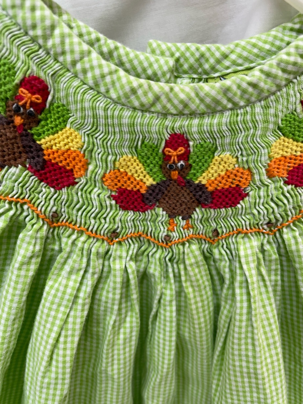 Vintage Stelbelly Smocked Green Gingham Dress/Turkey Embroidery girl sz 12 mos - Picture 3 of 5